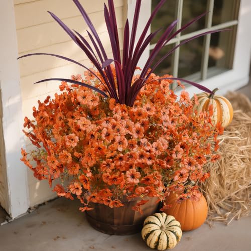 Fall Flowers Artificial Mums for Outdoors Autumn Decor, 12 Bundles Orange Fake Fall Mums with 1 pcs Burgundy Orchid Leaf UV Resistant Look Real Faux Flowers for Outside Planter Home Porch Patio Yard - color: Fall Orange