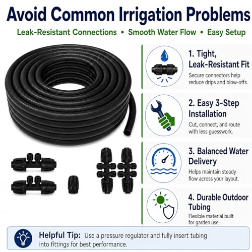 50 FT 1/2 Inch Drip Irrigation Tubing Kit:Premium Garden and Landscape Watering System-Drip Irrigation Hose with 2 Quick Connector 4-Way Connector,2 Quick Connector 6-Way Connector and Tube Cap - size: 50 FT
