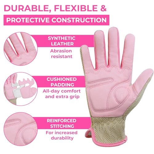HANDLANDY Gardening Gloves for Women, Leather Garden Glove, Gardener Gift - color: Pink Khaki, size: Small (Pack of 1)