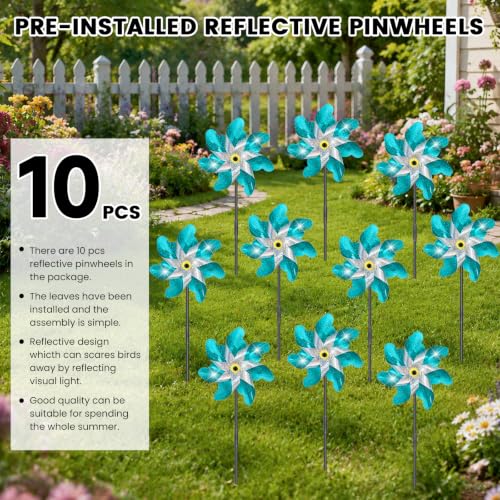 10 Pack Pre-Assembled Reflective Rainbow Pinwheels(Blue) - color: Silver-blue