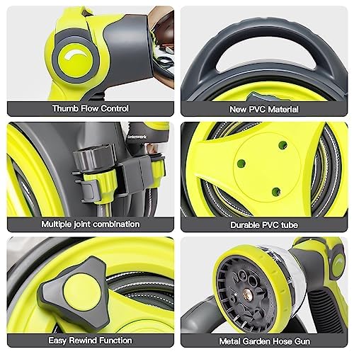 YASHINE 50ft Retractable Garden Hose Reel, Portable Hose Reel, 45+5FT with 10 Patterns Spray Nozzle, Adapts to standard US hose plugs, Hose Reel for Garden Watering Car Washing Pet -Green