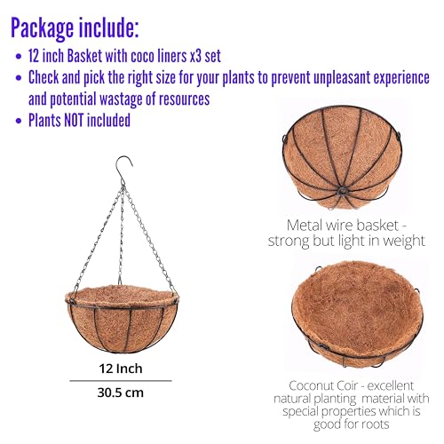 LaLaGreen Hanging Planters with Coco Liners (12 Inch, 3 Pack) Hanging Baskets for Plant Outdoor, Hanging Plant Pot Flower Metal Wire Round Holder Hanger Hook Chain Deck Porch Garden Balcony Boho Decor - size: 12" x 3 Pack