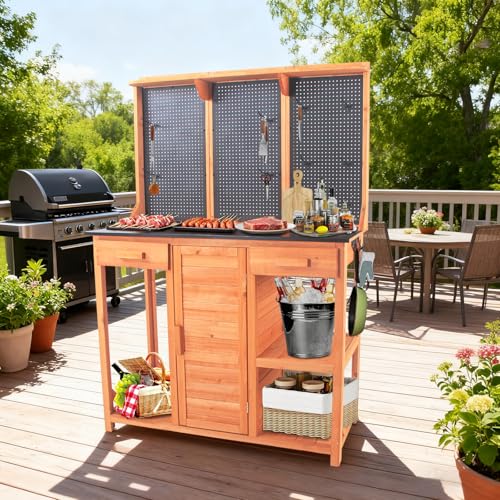 Wooden Outdoor Potting Bench with Pegboard, Storage Cabinet & Black Metal Top - Garden Table for Patio/Backyard