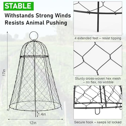 Garden Cloches for Plants 3 Pack - Chicken Wire Outdoor Plant Protectors from Animals - Heavy-Duty Metal Cage with Detachable Lid - Rustproof Covers - 12"D × 17"H - Blocks Rabbits, Squirrels & Birds - size: 3 Pack