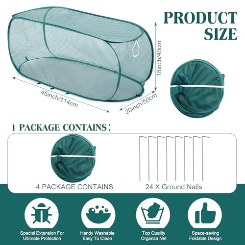 Threehoney 4 Pcs 45'' x 20'' x 18'' Pop up Garden Mesh Plant Cover Outdoor Plant Protector Garden Row Raised Bed Cover with Ground Nails Crop Cage Net for Seedlings Vegetable Fruit Herbs (Dark Green) - color: Dark Green, size: 45'' x 22'' x 16''