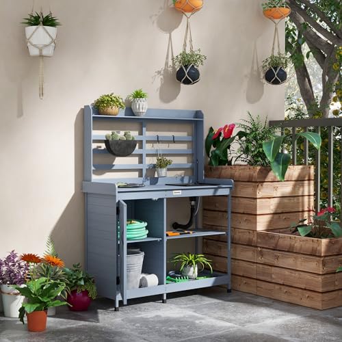 Wooden Potting Bench, Outdoor Potting Table with Storage Cabinet, Storage Shelves, Sink, Water Tap, Wood Table Top for Backyard, Patio, Balcony, Gray