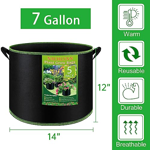 NACHLYNN 5-Pack 7 Gallon Grow Bags Thickened Nonwoven Fabric Pots with Handles Heavy Duty Aeration Fabric Pots Plant or Fruits Flowers Plant for Gardening - size: 7