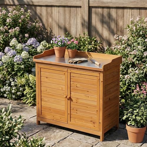 GDLF Outdoor Storage Cabinet with Work Bench, Garden Potting Table, Natural - color: Natural, size: Standard