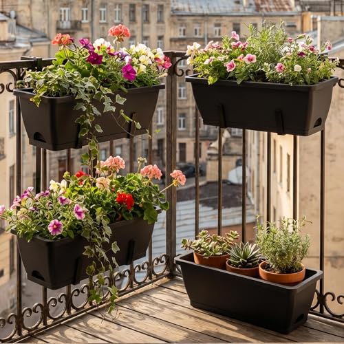 CADUKE Hanging planters for Fence, Deck Planters for Railings, Railing Flower Pots Outdoor with Hooks & Drain Holes, Double-Layer Detachable Design for Garden & Balcony Decor, Black - color: Black