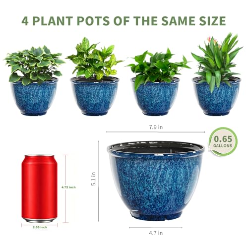 8 Inch Plant Pots Indoor Outdoor, Glazed Plastic Planter with Drainage - color: Blue