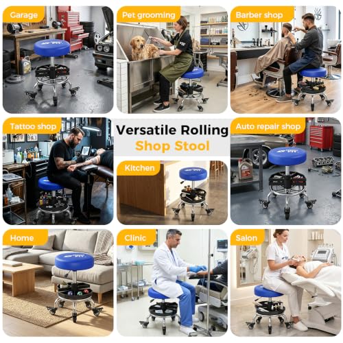 Rolling Shop Stool with Wheels,Mechanics Garage Work Stool,Blue - color: Blue