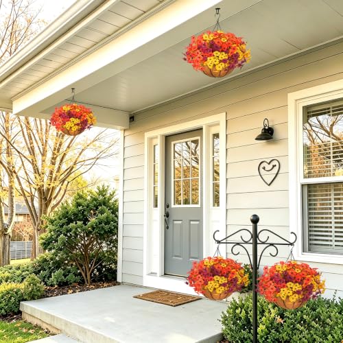 2 Set Artificial Fall Hanging Flower Baskets for Outdoor Autumn Decor - color: Fall Mums
