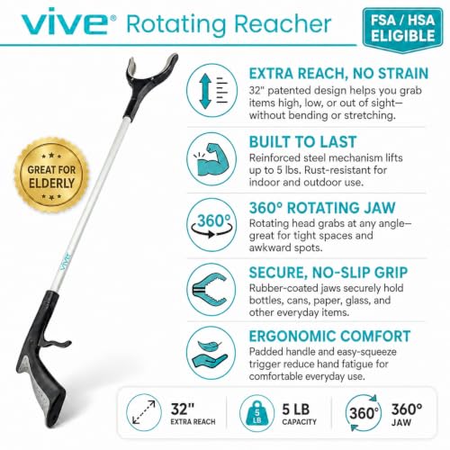 Vive Reacher Grabber 32" - Extra Long Mobility Aid - Rotating Hand, Heavy Duty Grip Arm - Reaching Assist Tool for Trash Pickup, Litter Picker, Garden Nabber, Disabled, Handicap Arm - size: 32 Inch (Pack of 1)