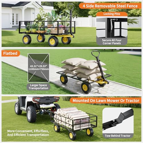 Steel Garden Cart on Wheels, 1200 Lbs Heavy Duty Yard Utility Wagon with Removable Mesh Sides, All Terrain Pneumatic Tires, Durable Metal Frame for Lawn, Garden, Farm - Black Yellow - color: Black+yellow, size: 1200LBS