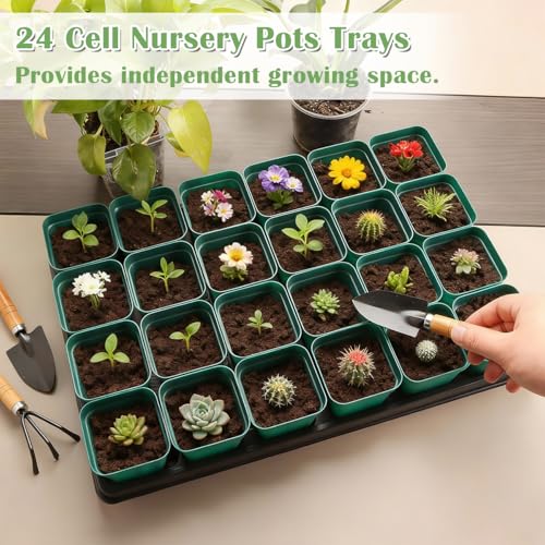 RooTrimmer 2.8 inch (7CM) Square Nursery Pots 120pcs (Green) and 24 Cell Nursery Pots Trays 5 Pack, Plastic Seedling Starter Tray with Drain Holes for Carrying and Holding Plant Pot(17"x11"x1.6") - color: Green, size: Pots 120 Pcs with 5 Pack Trays