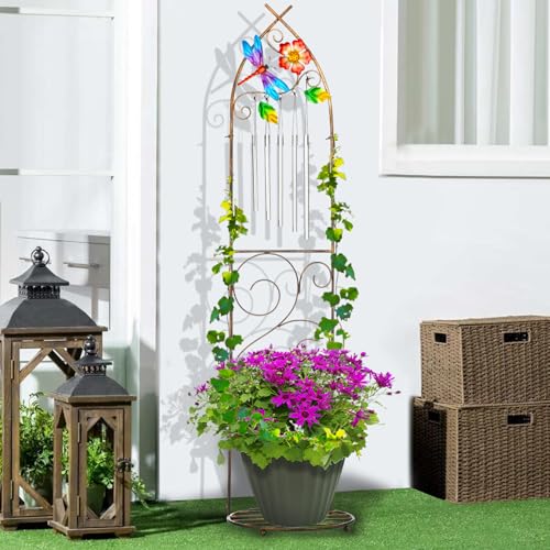 Garden Trellis with Plant Stands, 48” Metal Detachable Dragonfly Plant Pot Trellis with Wind Chimes for Climbing Plants Outdoor Lawn Patio Porches Decor