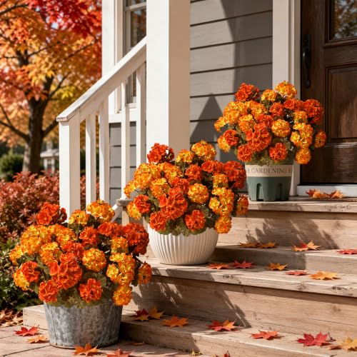 Geraniums Fall Flowers Artificial Flowers for Outdoors Autumn Decor, 2 Pack Potted Plants Faux Geraniums Bush Realistic UV Resistant Fake Flowers Greenery for Front Door Porch Patio Yard Indoor, Mix - color: 6 Yellow, 6 Orange