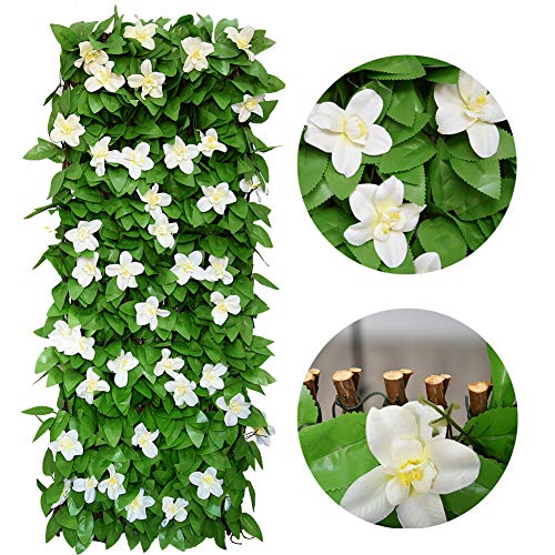 Expandable Faux Ivy Fence,Artificial Privacy Screen Decor for Outdoor Wall, Balcony and Patio, Single Sided Leaves (1,White Flower) - color: White Flower