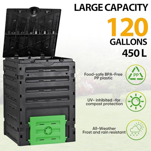 SUPER DEAL 120 Gallon Compost Bin, 450L Outdoor Garden Waste Composter with Flip-top Lid and Bottom Door, Large Capacity BPA Free Material for Fast Creation of Fertile Soil, Easy to Assemble, Black - size: 120 Gallon