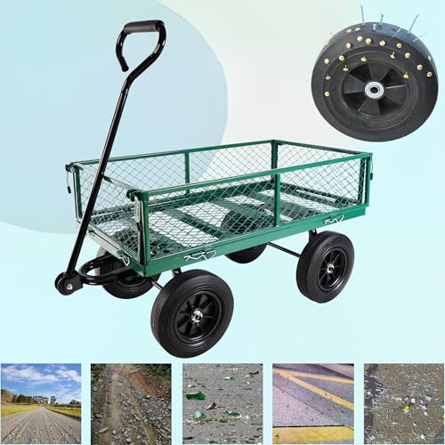 Wagon with Removable Sides Can be Used inFarms Garden Dump cart GardenDebris Gardening Wagon Green Garden cart 660 lbs 10" 410/3.50-4 Solid Wheels Heavy Duty Garden Carts and Wagons - color: Green Solid Garden Cart