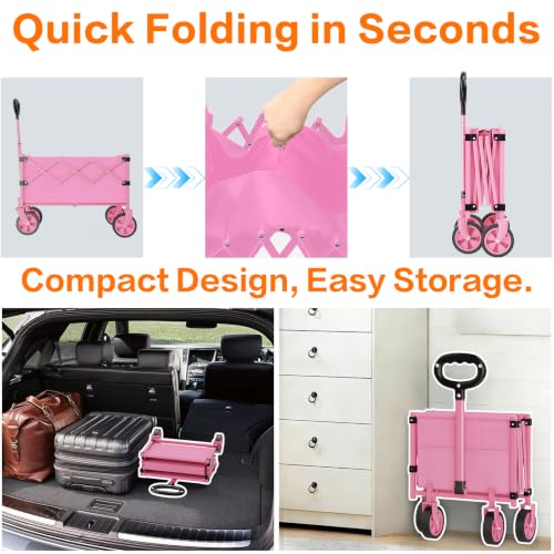 COZEER Wagons Carts Foldable, 360LBS Folding Heavy Duty Wagon with Wheels - color: Pink, size: 100L