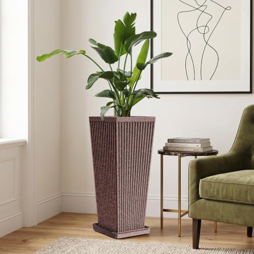 Square Tall Planters for Outdoor Plants with Tray - 24" Brown 2Pack - color: Reddish Brown-sandblasting