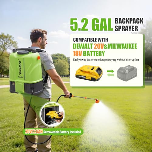VAXMAY Battery Powered Backpack Sprayer 5.2 Gallon, 120 PSI Electric Garden Sprayer Compatible with DeWalt 20V Battery, Weed Yard Sprayer with 2 Wands, 5 Nozzles, 2.6 Ah Battery & Charger Included - size: 5.2 Gallon