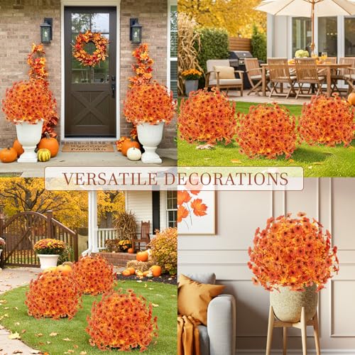 2 Pack 23" Fall Artificial Mums Topiary Ball Trees with Ground Spikes - color: Orange
