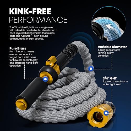 TITAN Flexible Garden Hose 25FT – Ultra Lightweight, Heavy Duty Water Hose with Brass Fittings & Jet Nozzle – Kink-Free, Non-Expanding, Durable Fabric Hose for Yard, Lawn, Car Wash, Outdoor Use - color: Gray, size: 25FT
