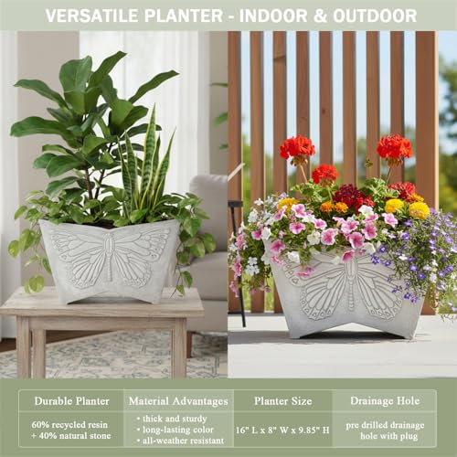 GreenShip 16 Inch Large Resin Flower Pots Set of 2 with Drainage Hole - style: Light Grey-2 Pack