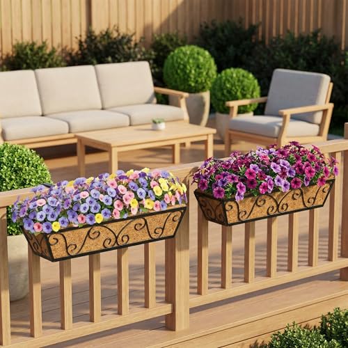 HFHOME 24 Inch Railing Planter Box with Coco Liners for Porch, Fence, Patio, Balcony Hanging Flower Railing Baskets with Adjustable Brackets for Outdoor Garden - 2 Packs - size: 24"-2P Butterfly