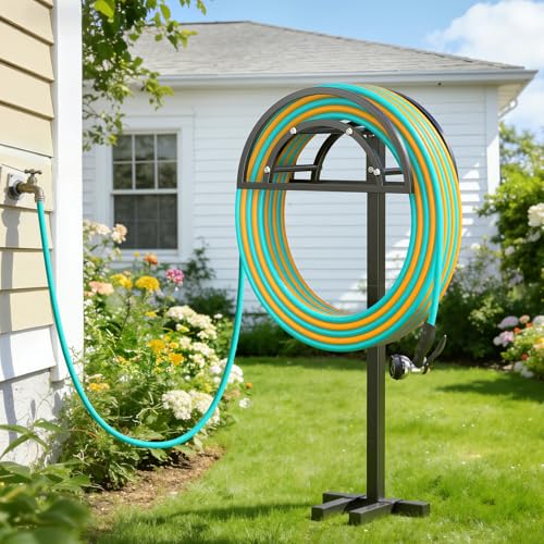 OLV Garden Hose Holder, Freestanding Water Hose Reel for Outside - color: Black
