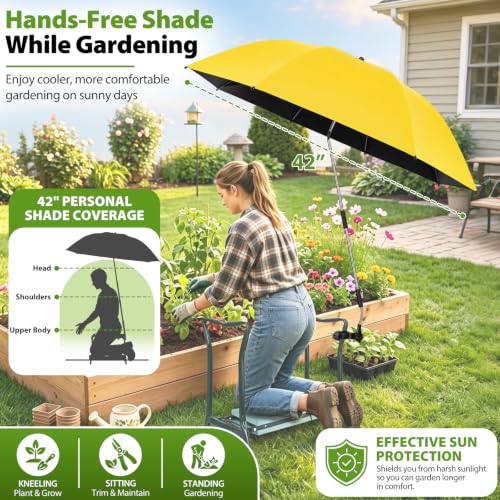 Garden Kneeler Umbrella with Clamp,42” Canopy, UPF50+ Sun Protection - color: Yellow