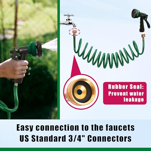 AUTOMAN Coil Garden Hose 15 ft, EVA Curly Water Hose with Brass Connectors, Recoil Garden Water Hose,Includes 7-Pattern Function Sprayer,Retractable,Corrosion Resistant Garden Coil Hose. - color: Dark Green, size: 15ft