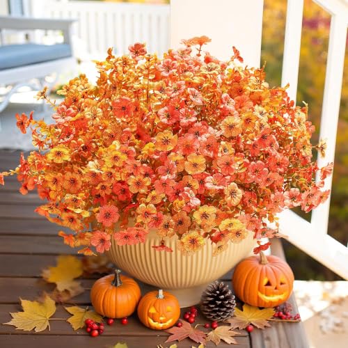 HyeFlora Artificial Fall Flowers Faux Mums for Outdoor Indoor Garden Home Decoration, Faux Flower Daisy with Eucalyptus Leaves Fake Mums Plants Greenery Boxwood Porch Patio, 12 Bundles - color: F Orangeyellow