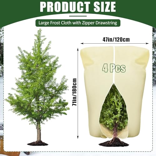 4 Pcs Plant Covers Frost Protection Bag 71"X47" Winter Reusable Plants Jacket with Zipper Drawstring Large Plant Protection Wraps Bags Frost Blanket for Winter Outdoor Garden Plants - color: Beige, size: 71 x 47 Inch (4 Pcs)