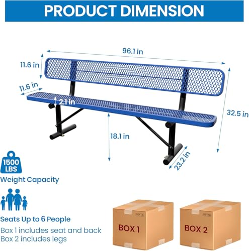 8 Feet Steel Park Bench for Outside, Outdoor Bench with Backrest & Portable Frame, Commercial Benches for Shopping Malls, Stores, Parks, Patios, Decks, Dark Blue - color: Dark Blue, size: 8 FT