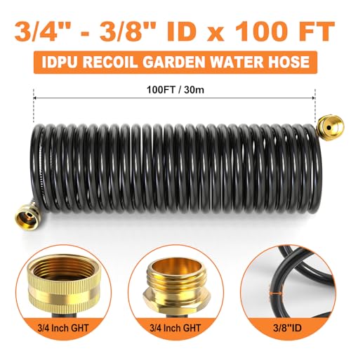 GASHER 100FT x 3/8" Coil Garden Hose, Expandable Garden Hose with 3/4" Brass Connector, Watering Hose Includes 8 Patterns Spray Nozzle for Outdoors Lawn Watering Car Washing - size: 100FT