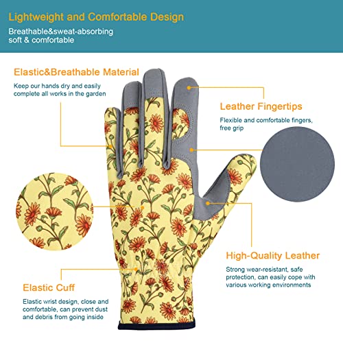 Bamllum Gardening Gloves for Women, Leather Garden Gloves - color: Grey+yellow