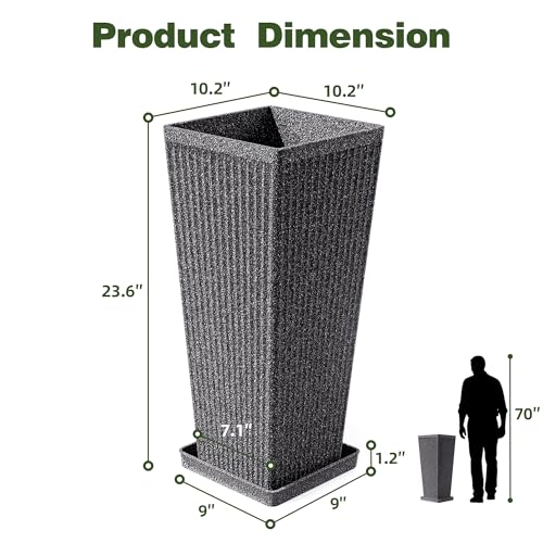 Square Tall Planters for Outdoor Plants with Tray - 24" Gray 2Pack - color: Grey-sandblasting