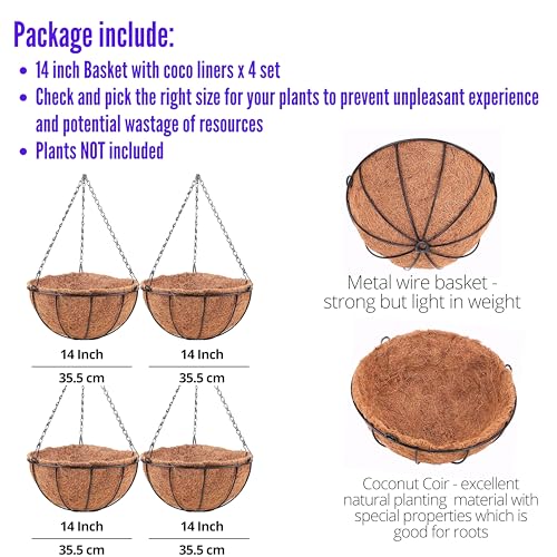LaLaGreen Hanging Baskets (14 in, 4 Pack) Black Outdoor Coco Liner Planters - size: 14" x 4 Pack