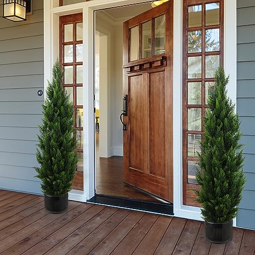 5FT Artificial Topiary Tree Beautiful Realistic Faux Cedar Pines Trees UV Rated Fake Shrubs for Front Porch Faux Plants Indoor and Outdoor Decor (2 Pack) - size: 5FT