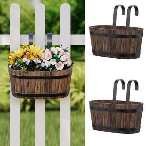 2-Pack Hanging Flower Pots with Drainage Holes, Wooden Railing Planters - color: Carbonized-2pcs, size: Small