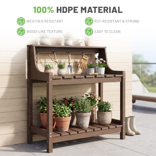 Outdoor HDPE Garden Potting Bench Weatherproof Potting Table Outside - color: Brown