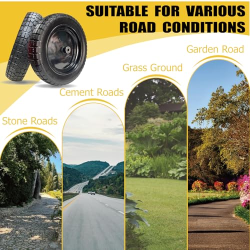 15" Flat-Free Wheelbarrow Tire and Wheel - 4.80/4.00-8 Solid PU Tire, Puncture Proof Replacement Tires, Fits 5/8" Bushing & Axle Bore for Utility/Garden Carts (2-Pack, Black) - size: 15"/4.00-8