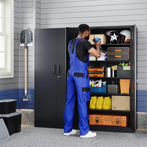 Yizosh Metal Garage Storage Cabinet with 2 Doors and 5 Adjustable Shelves - 71" Steel Lockable File Cabinet,Locking Tool Cabinets for Office,Home,Garage,Gym,School (Black) - color: Black, size: 71"H x 31.5"W x 15.7"D (5 Shelves)
