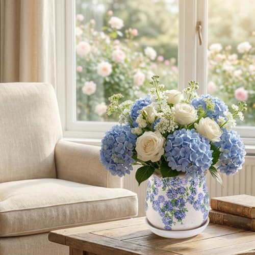 Ceramic-Planters-for-Indoor-Plants with Saucer, 6 inch Vintage Ice Crackle Glaze Plant Pots with Drainage Holes, Decorative Flower Pots for Outdoor Garden Home Decor, Tuscan Pot for Plant - color: Blue Meadow