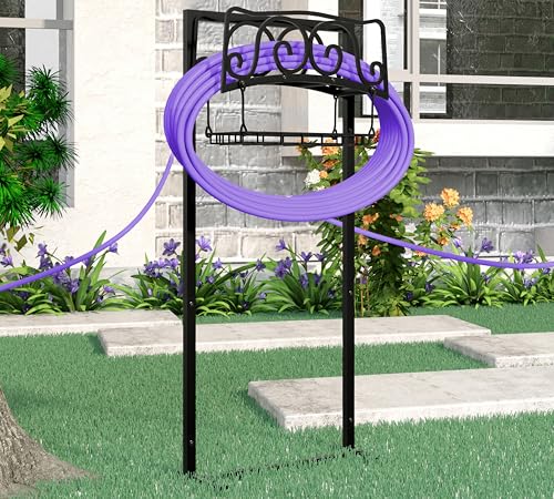 Kingson Water Hose Holder Freestanding, Garden Hose Holder Holds 150-Feet Hose, Heavy Duty Steel Garden Hose Storage Stand with Detachable Storage Basket for Outside Yard Lawn