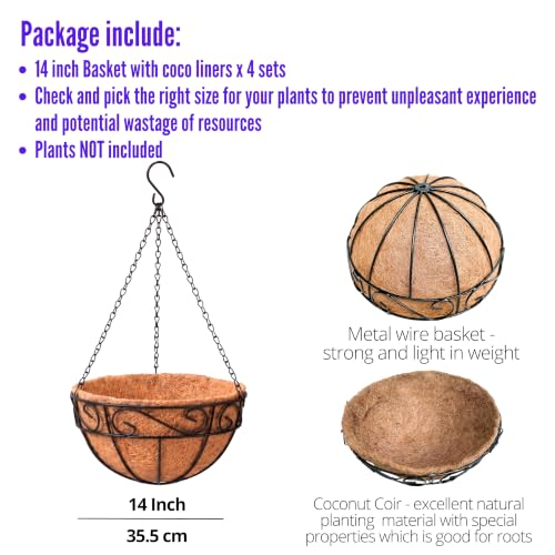 LaLaGreen Yard Hanging Planter (14 in, 4 Pack) Black Coco Liner Plant Pots - size: 14" (36 cm) x 4 Pack