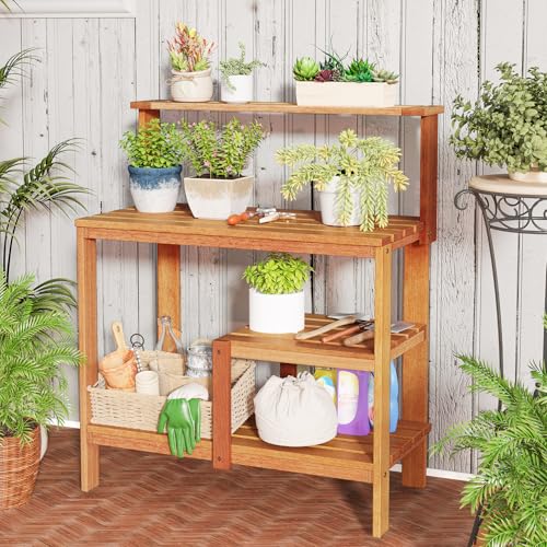 Happygrill Potting Bench Table, Outdoor Wood Work Bench with Storage - color: Natural, size: 35.5"L x 19"W x 43"H